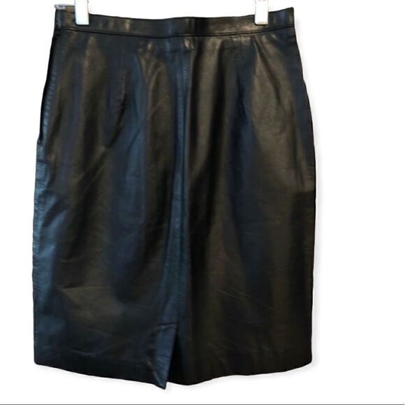 Stratege Sz 11/12 Black Leather Mini Pencil Skirt w/Back Kick Slit - Picture 2 of 8